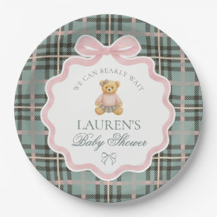 Pink Coquette Bow Bear Plaid Baby Shower Paper Plate