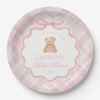 Pink Coquette Bow Bear Plaid Baby Shower  Paper Plate