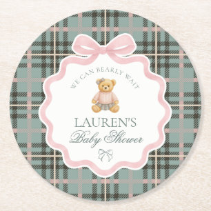 Pink Coquette Bow Bear Plaid Baby Shower  Round Paper Coaster