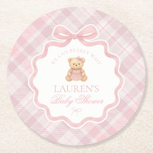 Pink Coquette Bow Bear Plaid Baby Shower  Round Paper Coaster