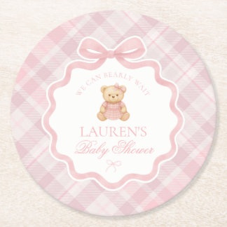 Pink Coquette Bow Bear Plaid Baby Shower  Round Paper Coaster