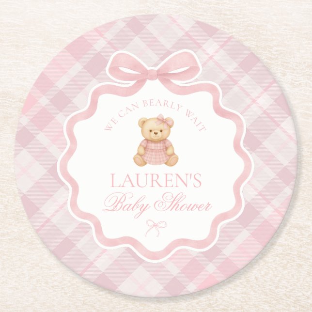 Pink Coquette Bow Bear Plaid Baby Shower  Round Paper Coaster (Front)
