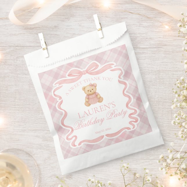 Pink Coquette Bow Bear Plaid Birthday Dessert Favour Bag (Clipped)