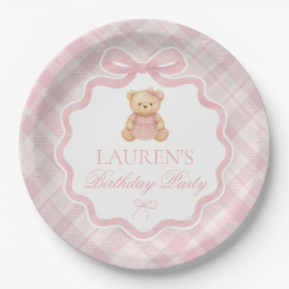 Pink Coquette Bow Bear Plaid Birthday  Paper Plate