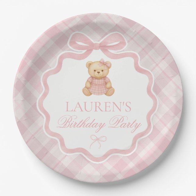 Pink Coquette Bow Bear Plaid Birthday  Paper Plate (Front)