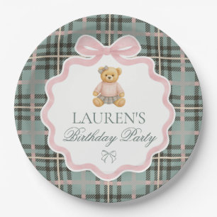 Pink Coquette Bow Bear Plaid Birthday Paper Plate