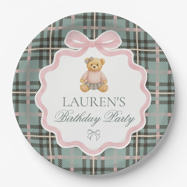 Pink Coquette Bow Bear Plaid Birthday  Paper Plate (Front)