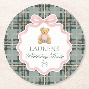 Pink Coquette Bow Bear Plaid Birthday  Round Paper Coaster