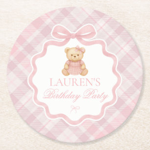Pink Coquette Bow Bear Plaid Birthday  Round Paper Coaster