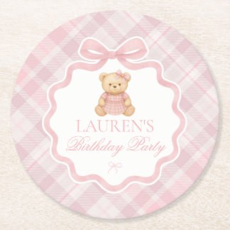 Pink Coquette Bow Bear Plaid Birthday  Round Paper Coaster