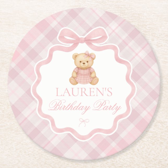 Pink Coquette Bow Bear Plaid Birthday  Round Paper Coaster (Front)