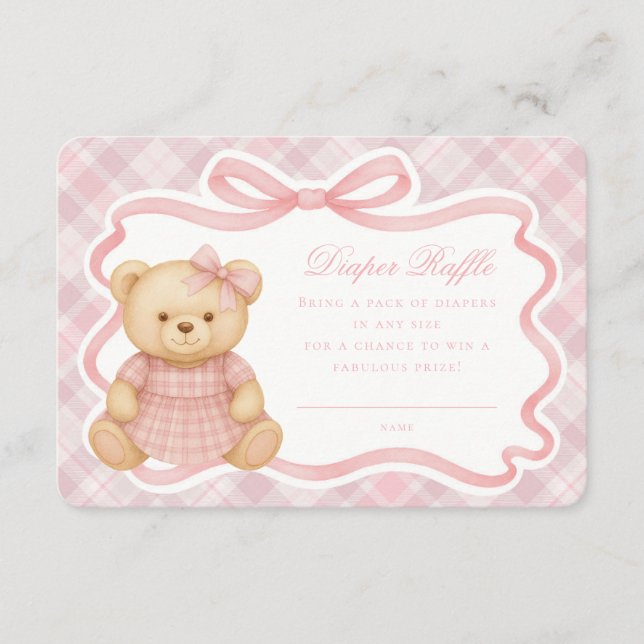 Pink Coquette Bow Bear Plaid Diaper Raffle Card (Front)