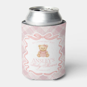 Pink Coquette Bow Bear Tartan Baby Shower Favor Can Cooler