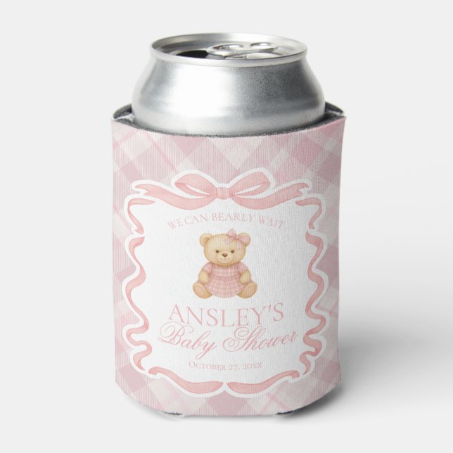 Pink Coquette Bow Bear Tartan Baby Shower Favor Can Cooler (Can Front)