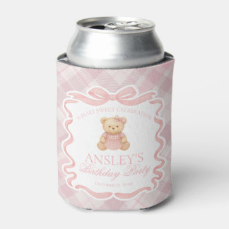 Pink Coquette Bow Bear Tartan Birthday Favor Can Cooler