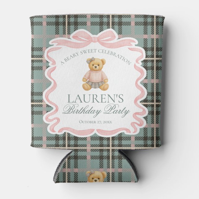 Pink Coquette Bow Bear Tartan Birthday Favor Can Cooler (Front)