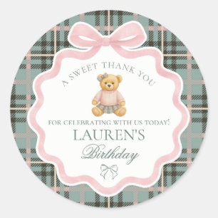Pink Coquette Bow Bear Tartan Birthday Favor Classic Round Sticker