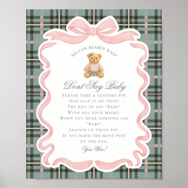 Pink Coquette Bow Bear Tartan Dont Say Baby Game Poster (Front)