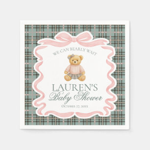 Pink Coquette Bow Bear Tartan Plaid Baby Shower Napkin