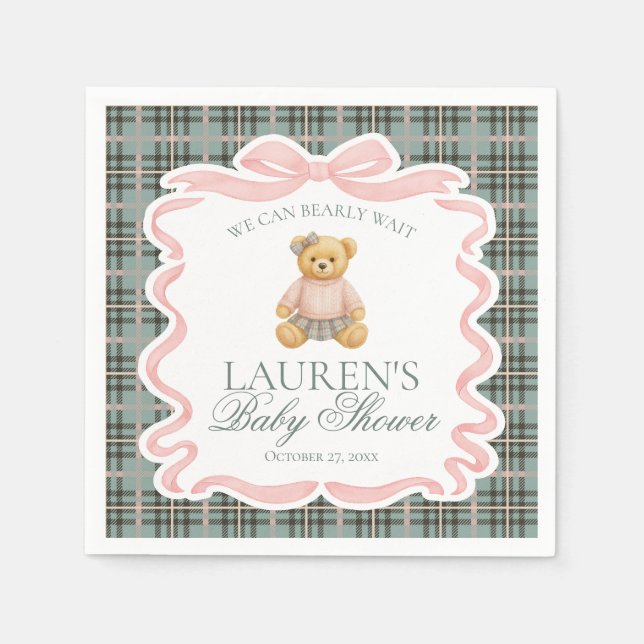 Pink Coquette Bow Bear Tartan Plaid Baby Shower Napkin (Front)