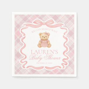Pink Coquette Bow Bear Tartan Plaid Baby Shower Napkin