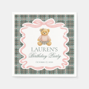 Pink Coquette Bow Bear Tartan Plaid Birthday Napkin