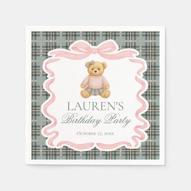 Pink Coquette Bow Bear Tartan Plaid Birthday Napkin (Front)