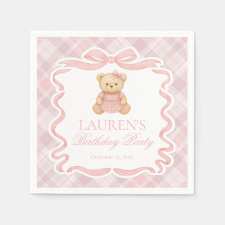 Pink Coquette Bow Bear Tartan Plaid Birthday Napkin