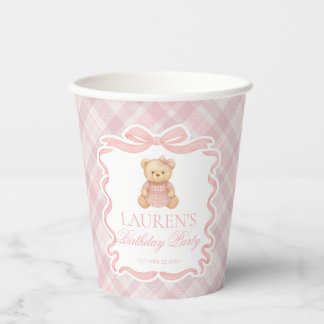 Pink Coquette Bow Bear Tartan Plaid Birthday Paper Cups