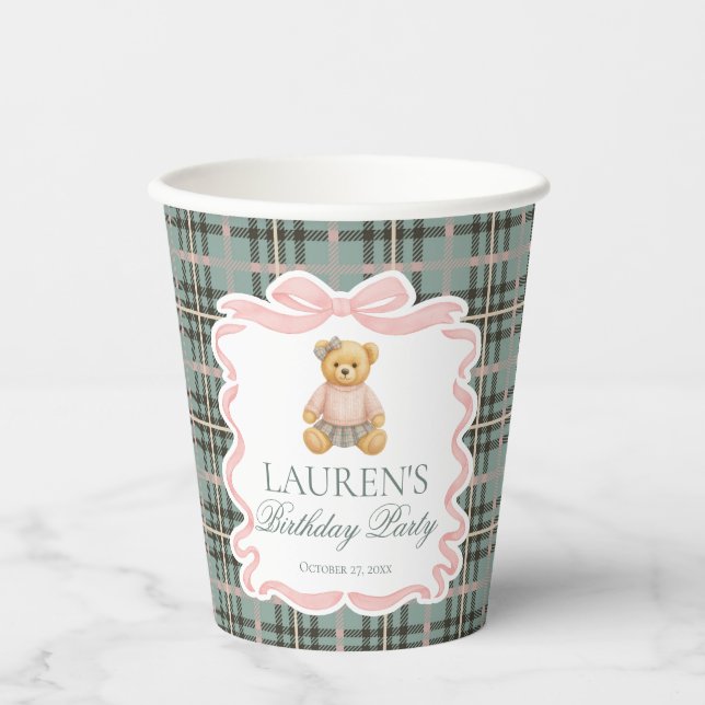 Pink Coquette Bow Bear Tartan Plaid Birthday Paper Cups (Front)