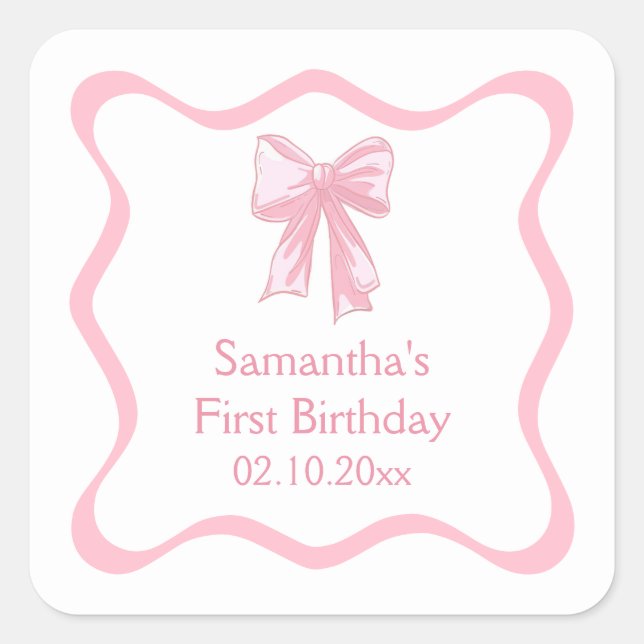 Pink Coquette Bow Birthday Party Square Sticker (Front)