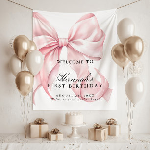 Pink Coquette Bow Birthday Party Welcome Sign Tapestry
