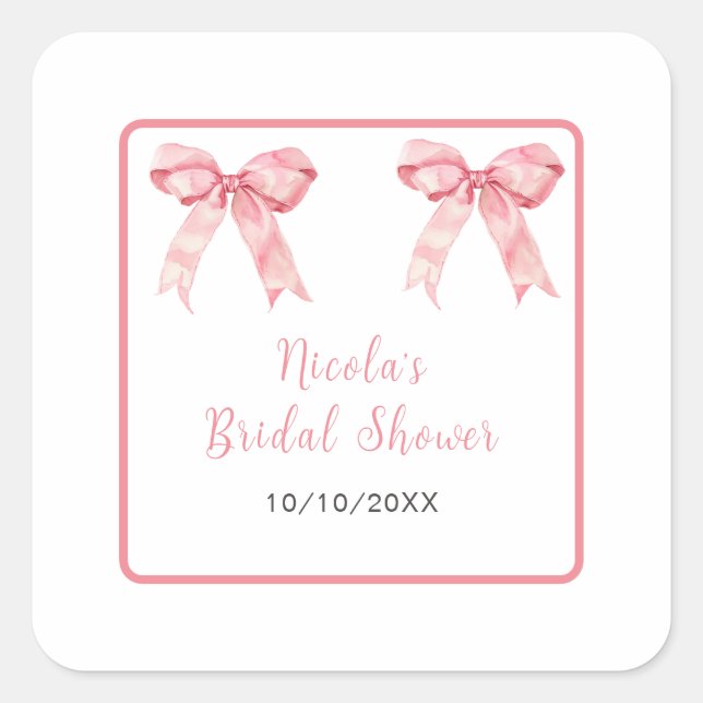 Pink Coquette Bow Bridal Shower Square Sticker (Front)