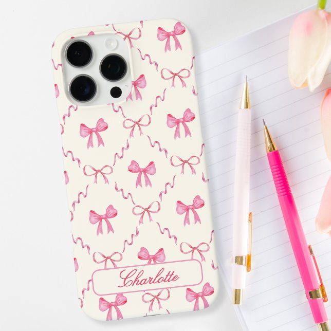 Pink Coquette Bow Case-Mate iPhone Case (personalized cute sweet watercolor pink coquette bow phone case custom name in calligraphy script)