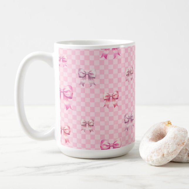 Pink Coquette Bow Chequerboard Coffee Mug (With Donut)