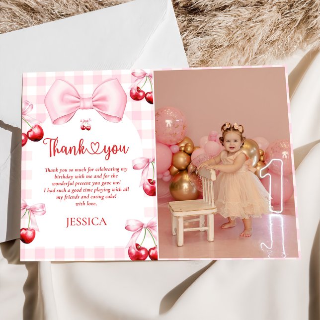 Pink Coquette Bow Cherry Birthday Photo Thank You Card (Creator Uploaded)