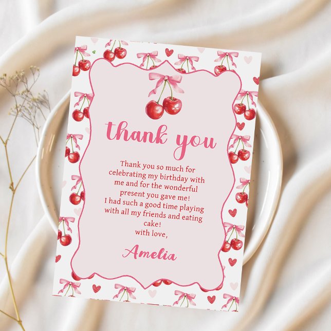 Pink Coquette Bow Cherry Birthday Thank You Card (Creator Uploaded)