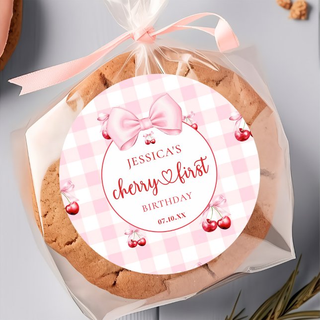 Pink Coquette Bow Cherry First Birthday Party Classic Round Sticker (Creator Uploaded)