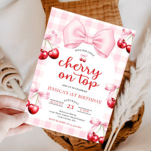 Pink Coquette Bow Cherry On Top Birthday Party  Invitation