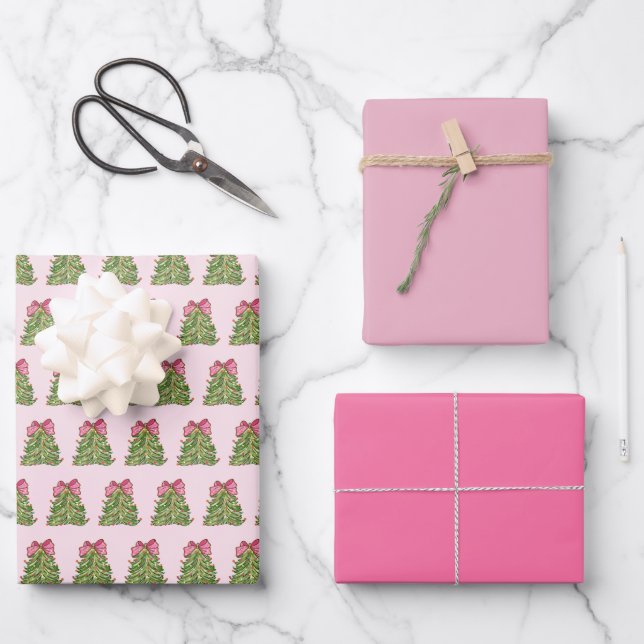 Pink Coquette Bow Christmas Tree Wrapping Paper (Front)