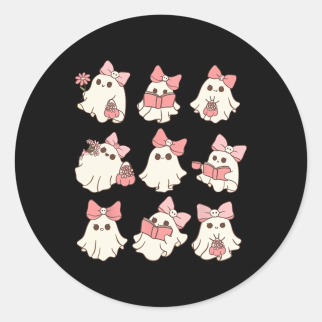 Pink Coquette Bow Cute Ghost Halloween Spooky Seas Classic Round Sticker (Front)