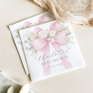 Pink Coquette Bow Floral Baby in bloom baby Shower Napkin