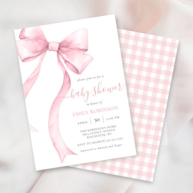 Pink Coquette Bow Gingham Girl Baby Shower Invitation (Creator Uploaded)