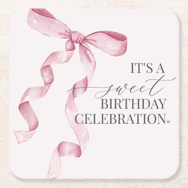 Pink Coquette Bow Girl Birthday Party Decor Square Paper Coaster (Front)