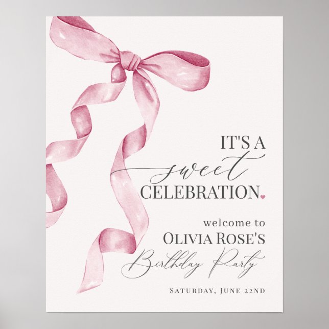Pink Coquette Bow Girl Birthday Party Welcome Sign (Front)