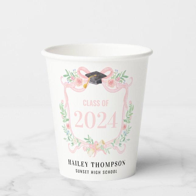 Pink Coquette Bow | Graduation Year Crest Paper Cups (Front)