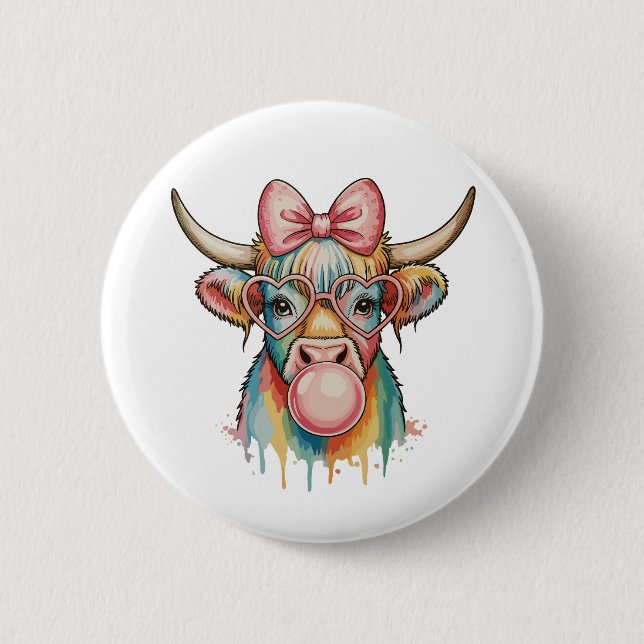 Pink Coquette Bow Highland Cow Bubblegum 2 Inch Round Button (Front)