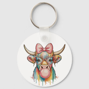 Pink Coquette Bow Highland Cow Bubblegum Keychain