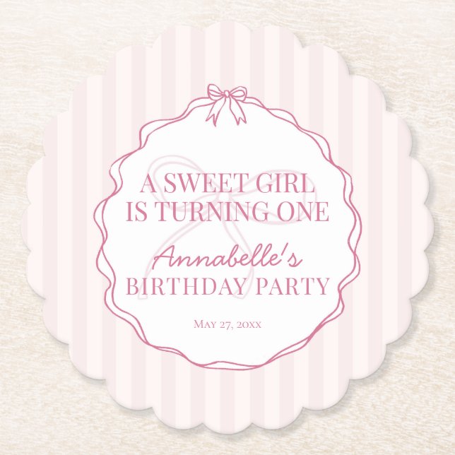 Pink Coquette Bow Pastel Birthday Party Paper Coaster (Front)