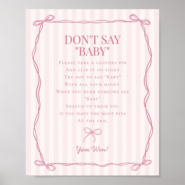 Pink Coquette Bow Pastel Dont Say Baby Shower Game Poster (Front)
